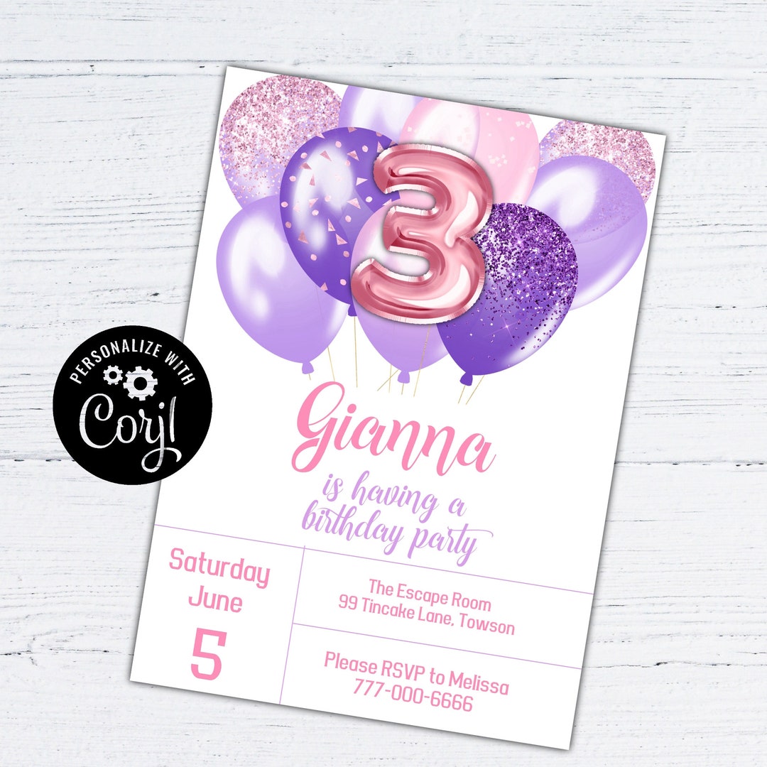 Editable 3rd Birthday Invitation Girl, Printable 3rd Birthday Invite ...