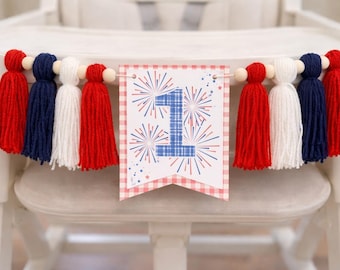 Guirnalda para silla alta del primer cumpleaños del 4 de julio, Nuestro pequeño petardo cumple un año, Decoración de primer cumpleaños con fuegos artificiales
