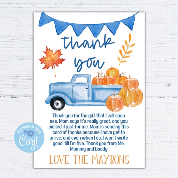 editable Fall baby shower thank you card, pumpkin boy baby shower thank