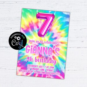 7th birthday invitation girl, 7th birthday invite for girl, tie dye 7th birthday invitation template, printable 5x7, summer birthday invite