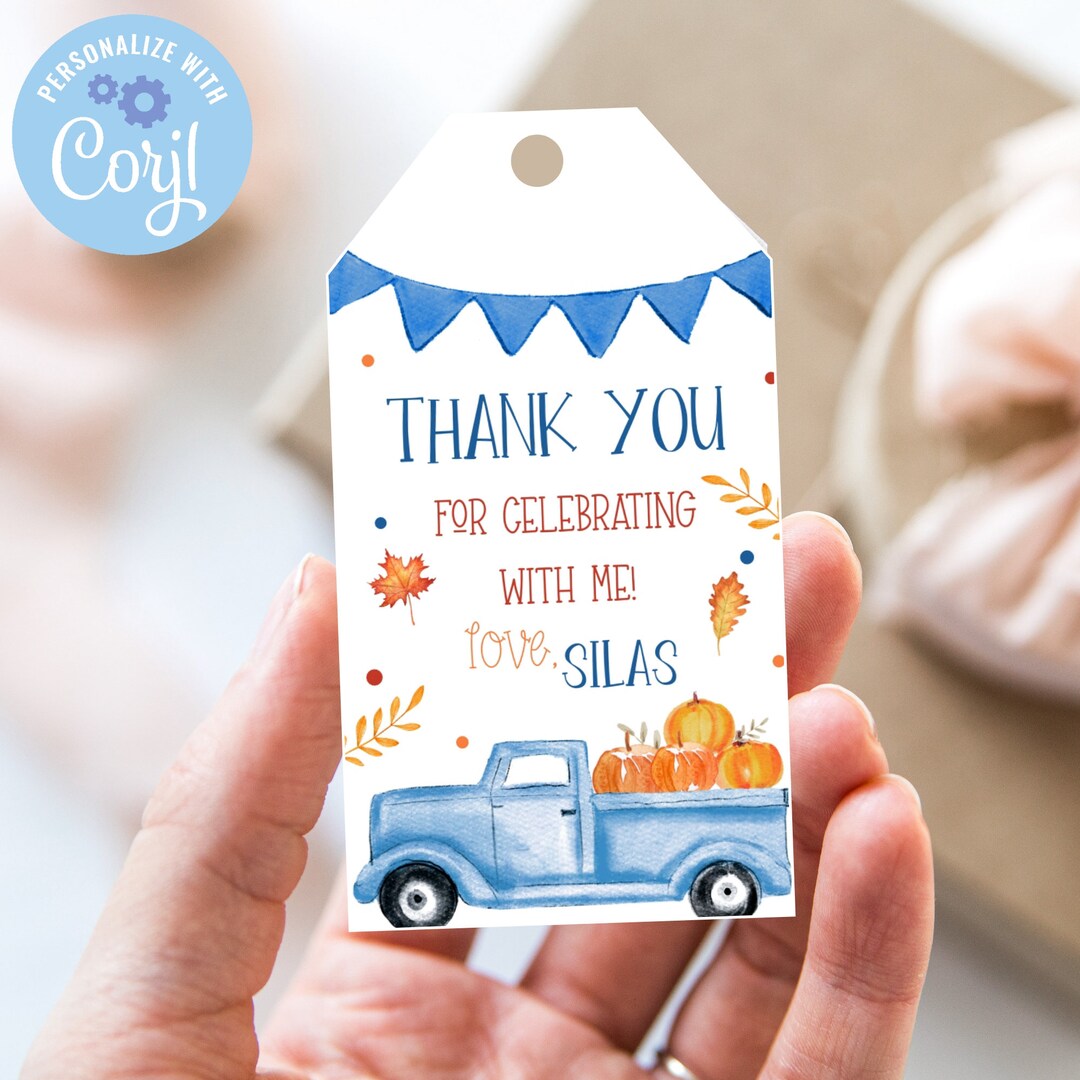 Fall Blue Truck Favor Tag Pumpkin Birthday Thank You Favor Etsy
