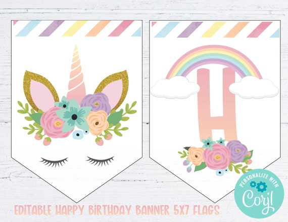 editable unicorn birthday banner, printable unicorn birthday banner, personalized unicorn ...