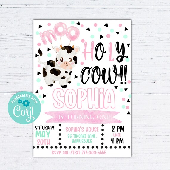Cow first birthday invitation, Holy cow birthday invite, cow birthday invitation for girl, editable invite template Il_570xn