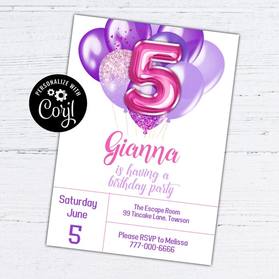 editable 5th birthday invitation girl, printable 5th birthday invite ...