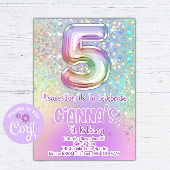 5th birthday invitation girl, 5th birthday invite for girl, pastel ...