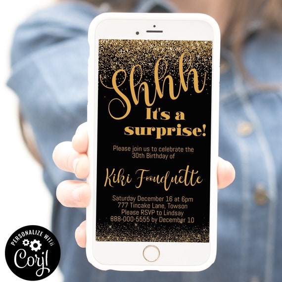 electronic surprise party invitation, black and gold glitter surprise