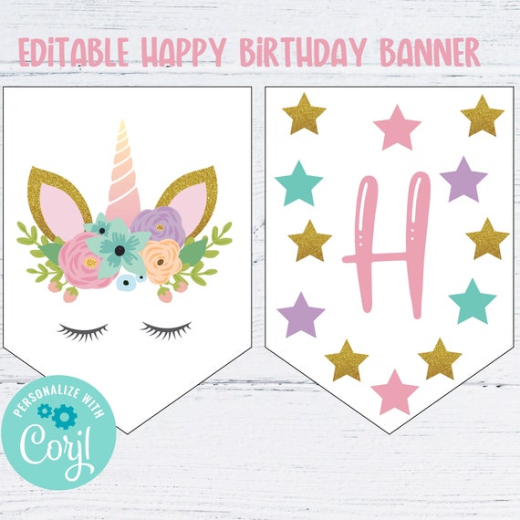 editable unicorn birthday banner, printable unicorn birthday banner ...