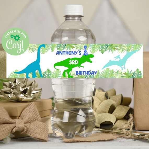editable Trex water bottle label, dinosaur water bottle wrapper, boy