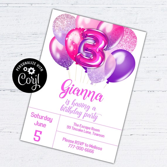 editable 3rd birthday invitation girl, printable 3rd birthday invite