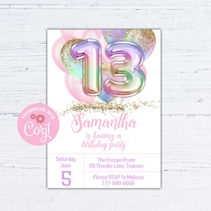13th Birthday Invitation Girl, 13th Invite for Girl, Pastel Rainbow ...