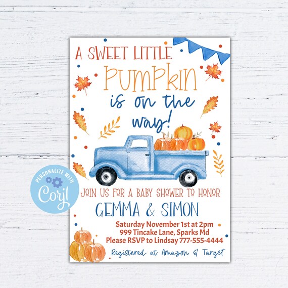 editable Fall baby shower invitation, Fall harvest truck baby shower, a little pumpkin is on the way, boy baby shower 4x6 and 5x7 Il_570xn