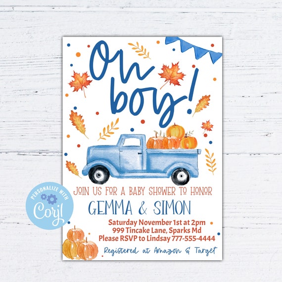 editable Fall baby shower invitation, Oh boy fall truck baby shower invite, blue truck boy baby shower template , 4x6 and 5x7 Il_570xn