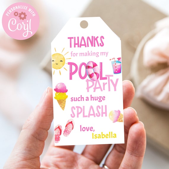 pool party favor tags, pool party tag, editable pool party thank you tag, girl pool party favors Il_570xn