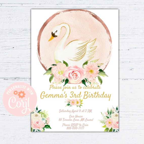 Swan birthday invitation, pink and gold swan birthday invite, editable printable invitation, swan birthday party Il_570xn