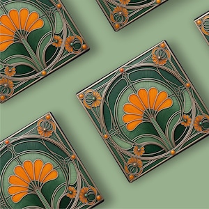 Orange and Green Floral Art Nouveau Ceramic Coasters | Handcrafted Perfect for Housewarming Wedding  Birthday Gifts Set of 4