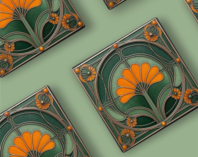 Art Nouveau Ceramic Coasters | Floral Design, Housewarming Gift, Set of 4