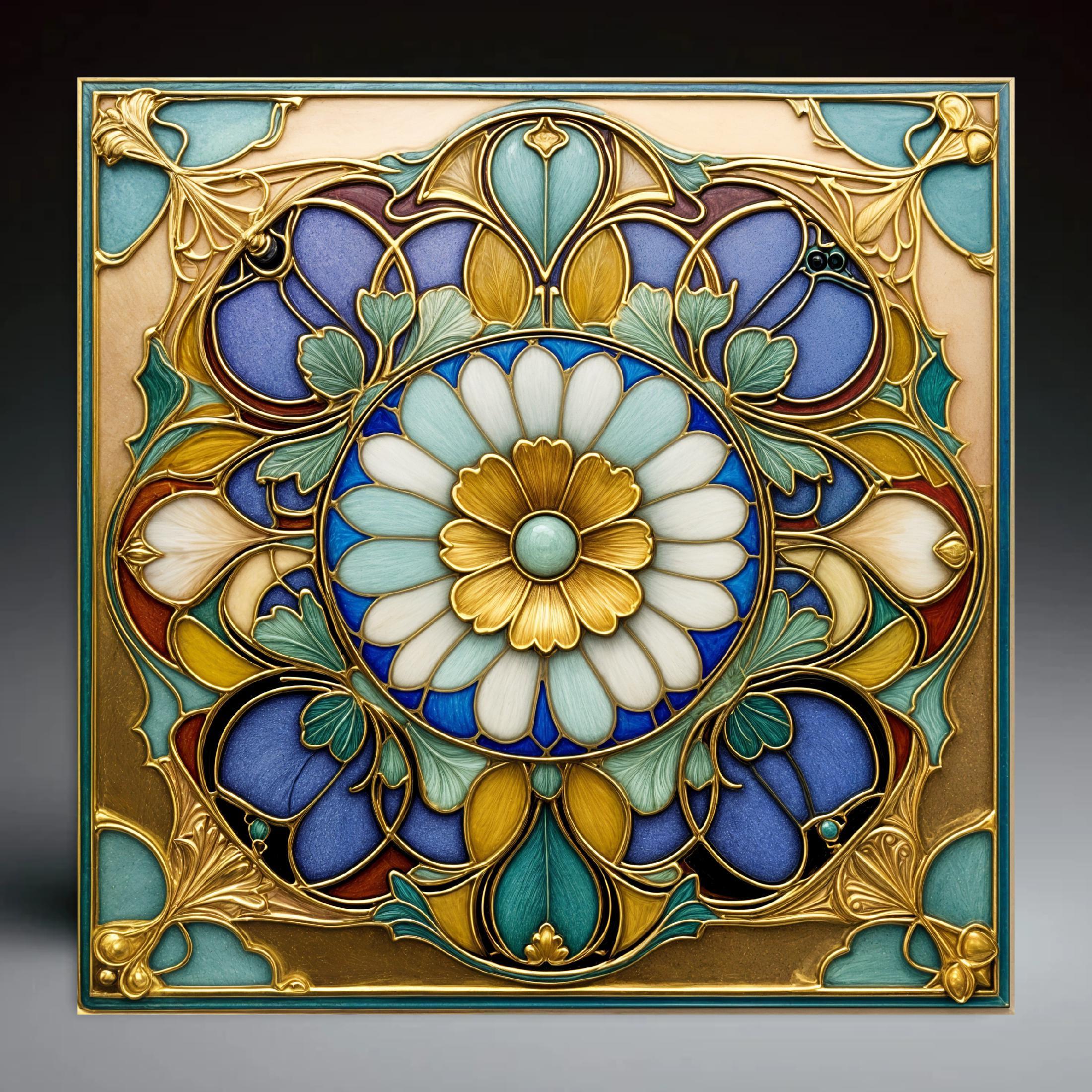 Ceramic Tile Colorful Gold and Blue Art Nouveau Inspired by Alphonse Mucha | Handcrafted Ceramic Art | Gift | Wall  Decor | Coasters |