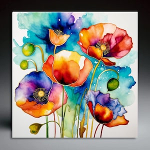 Watercolor Flowers Ceramic Tile: Abstract Floral Art Decor