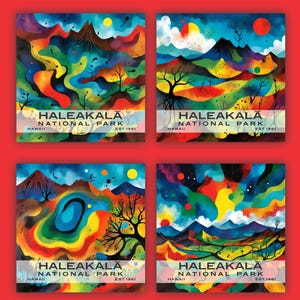 May include: Four square watercolor prints featuring vibrant landscapes with mountains, trees, and colorful abstract elements. Each print includes the text "HALEAKALA NATIONAL PARK HAWAII EST 1961" in a white banner across the bottom, set against a red background.