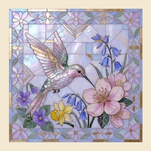 May include: A square mosaic art piece featuring an iridescent hummingbird in flight, hovering near pink blossoms, blue bell-shaped flowers, yellow daffodils, and purple violets. The background consists of light blue and white geometric tiles.