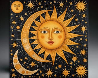 Celestial Sun & Moon Ceramic Tile Art: Handcrafted Wall Decor