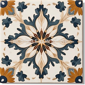 May include: Square ceramic tile with a symmetrical floral design. The design features a central flower with dark blue, brown, and cream-colored petals, surrounded by stylized leaves and smaller floral accents in shades of blue and gold. The tile has the text "SCARPOLE ON STONE".