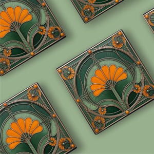 Orange and Green Floral Art Nouveau Ceramic Coasters | Handcrafted Perfect for Housewarming Wedding  Birthday Gifts