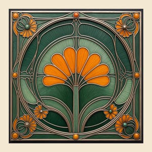 Art Nouveau Floral Ceramic Tile: Orange & Green Accent Tile Kitchen, Bath, Backsplash