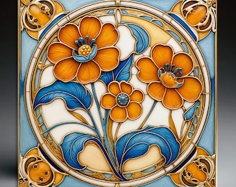 Art Nouveau Floral Ceramic Trivet: Alphonse Mucha Style Wall Art