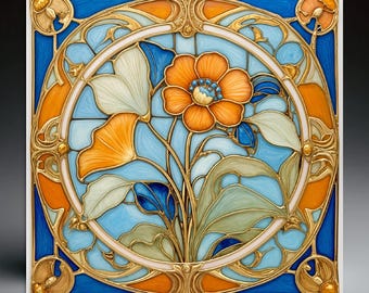 Floral Art Nouveau Ceramic Tile: Orange & Blue Vintage-Inspired Decor