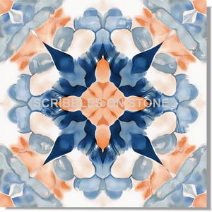 May include: Square tile with a symmetrical design in shades of blue, orange, and white. The pattern features abstract shapes and the text "SCRIBBLESON STONE" in the center.