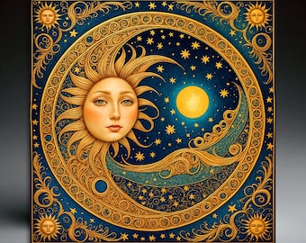 Celestial Ceramic Tile Art: Mystical Sun & Moon Decor