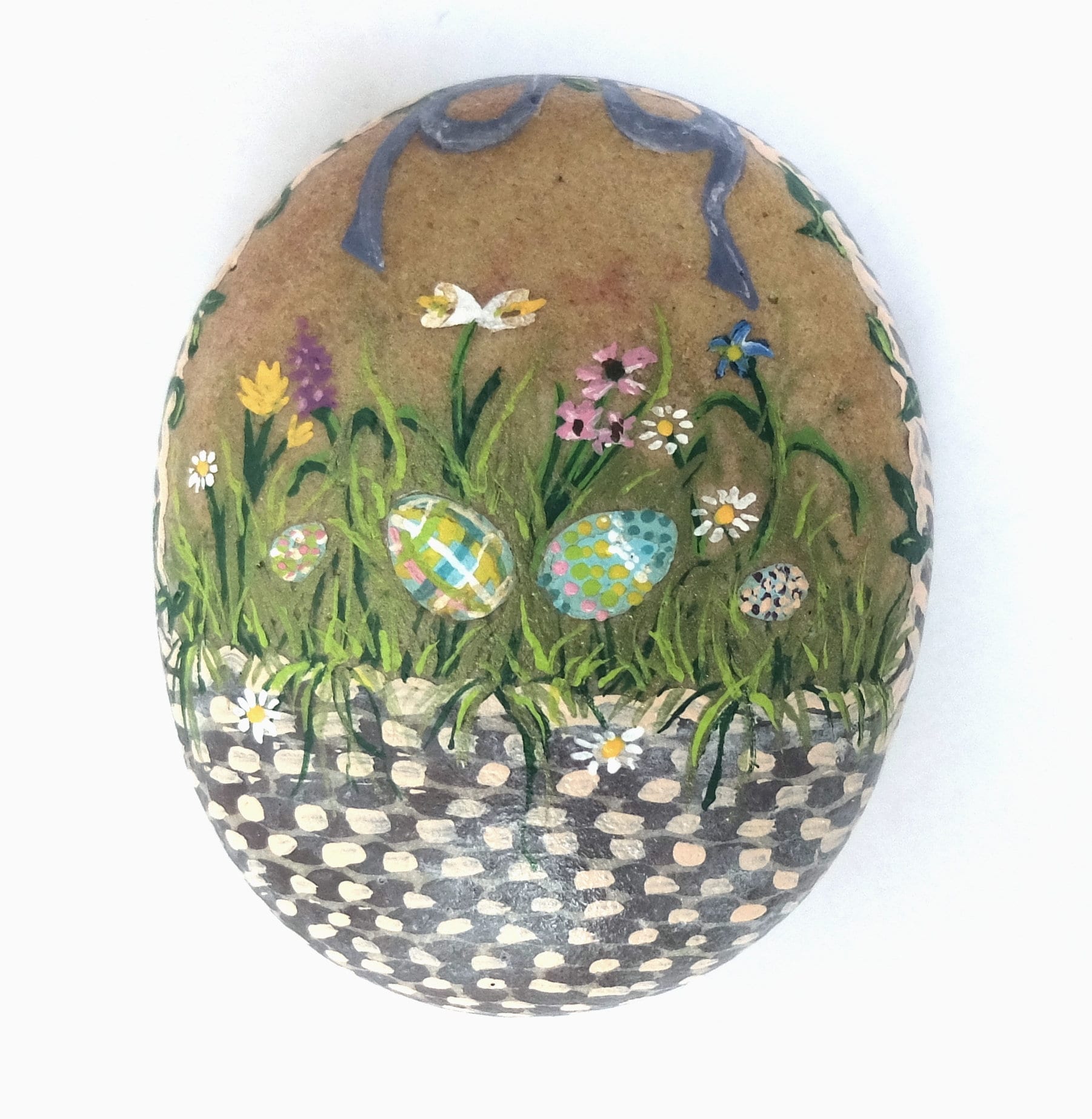 Hand-Painted Natural Stone--"Spring Basket"