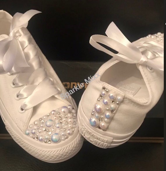 white converse with ribbon laces