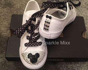 Mickey Mouse Style White Converse Crystal toes and ribbon laces Bling Disney bride
