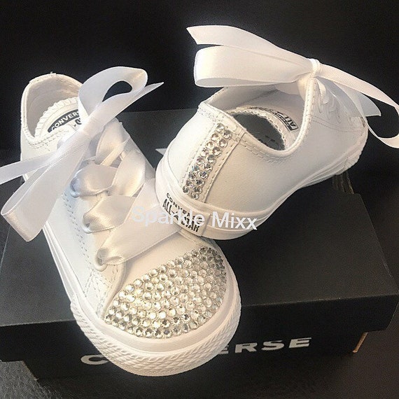 All White Leather Crystal Converse With 