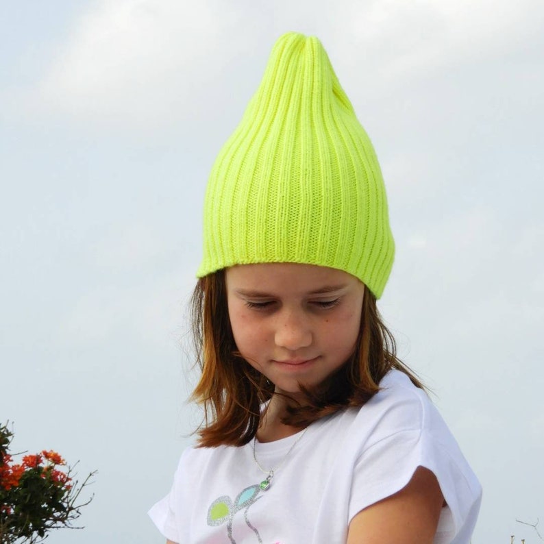 Knitted Slouchy Beanie, Neon Yellow Beanie, Gender Neutral Hat, Merino Wool knit Hat, Mommy and me, Hand Knit Christmas Gift image 4