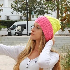 Slouchy Unisex Beanie, Knitted Hat, Neon Yellow Pink Wool, Hipster Beanie, Hand Knit Gift, Ribbed Hat image 6
