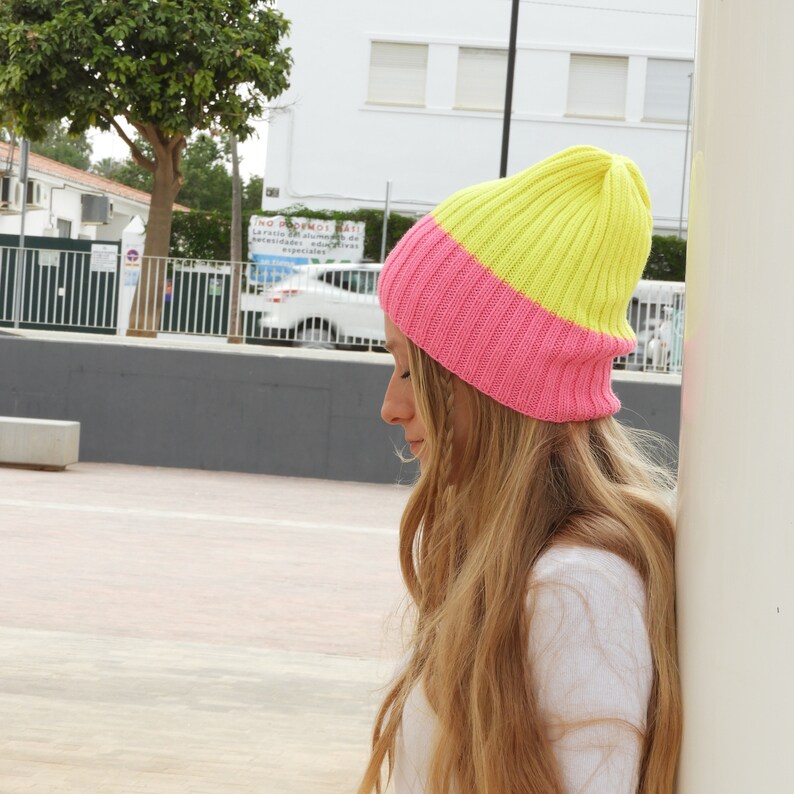 Slouchy Unisex Beanie, Knitted Hat, Neon Yellow Pink Wool, Hipster Beanie, Hand Knit Gift, Ribbed Hat image 8