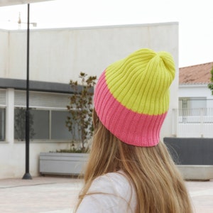 Slouchy Unisex Beanie, Knitted Hat, Neon Yellow Pink Wool, Hipster Beanie, Hand Knit Gift, Ribbed Hat image 3