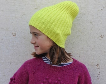 Slouchy Knit Hat, Hipster Beanie, Gender Neutral Clothes, Neon yellow Beanie, Mommy and me, Hand Knit Gift, Ribbed Hat