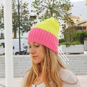 Slouchy Unisex Beanie, Knitted Hat, Neon Yellow Pink Wool, Hipster Beanie, Hand Knit Gift, Ribbed Hat image 9