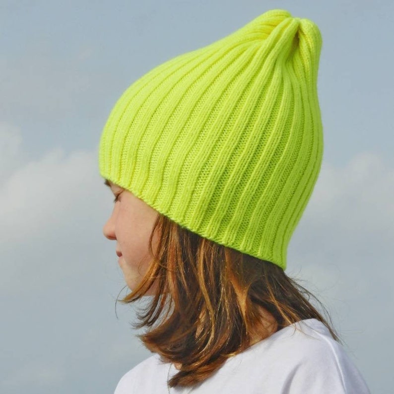 Knitted Slouchy Beanie, Neon Yellow Beanie, Gender Neutral Hat, Merino Wool knit Hat, Mommy and me, Hand Knit Christmas Gift image 2
