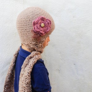 Crochet Flower Bonnet, Cute Hat with Scarf, Winter Scarf Women, Baby Clothes, Crochet Scarf and Hat, Natural Wool Hat, Custom Bonnet image 9