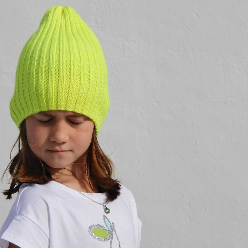 Knitted Slouchy Beanie, Neon Yellow Beanie, Gender Neutral Hat, Merino Wool knit Hat, Mommy and me, Hand Knit Christmas Gift image 5