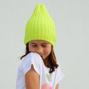 Knitted Slouchy Beanie, Neon Yellow Beanie, Gender Neutral Hat, Merino Wool knit Hat, Mommy and me, Hand Knit Christmas Gift image 3