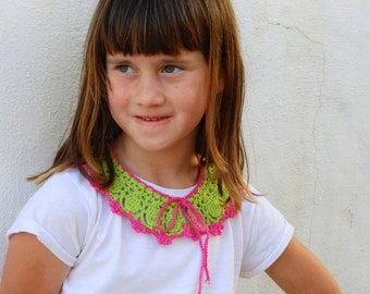 Green Lace Collar - Crochet Peter Pan Collar - Crochet Neckband with Pink Flowers - Handmade Dickey Collar - Vintage Style Bib Collar