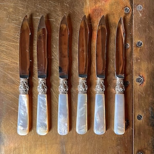 Vintage Mother of Pearl Handled Knives, Northampton Stainless Steel with Sterling Silver and MOP Handle Set of 6 Fish Knives, Flatware