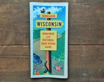 Vintage Sinclair Oil Wisconsin Road Map and Pictoral Sight-Seeing Guide, 1948 Color New Old Stock Gas Station Map, Automotive Collectible