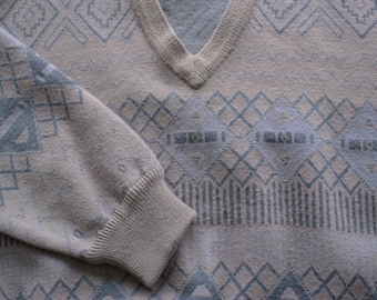 Soft wool argyle sweater | Blue and gray pullover | V neck